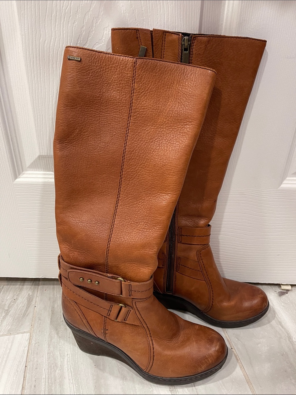 Clarks Cognac Brown Leather Wedge Knee-High Boots